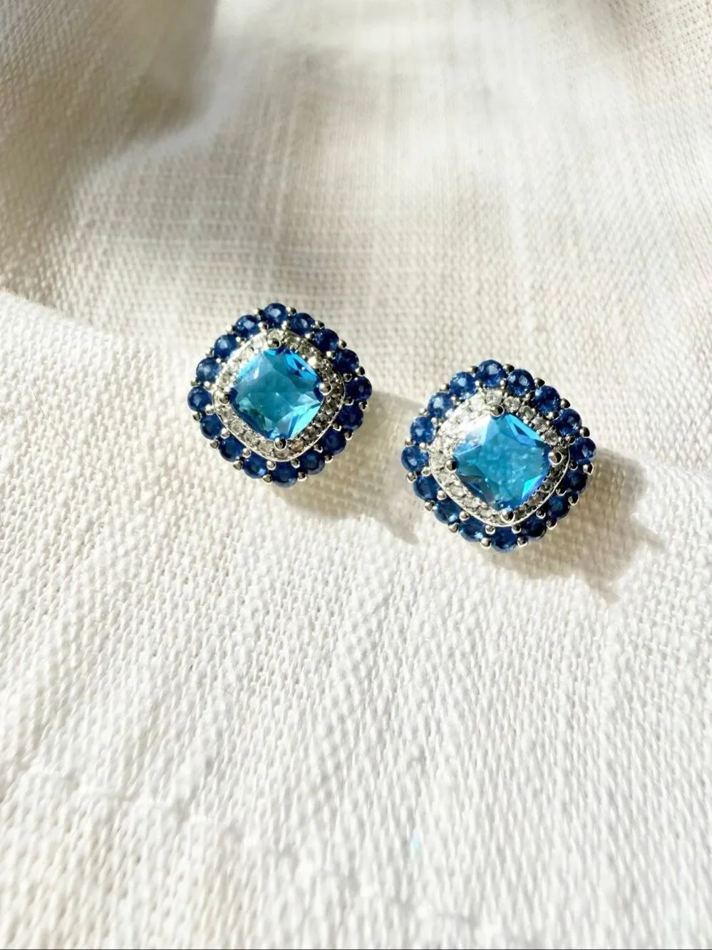 Sapphire Blue Cubic Zirconia Cushion Halo Stud Earrings Silver Tone